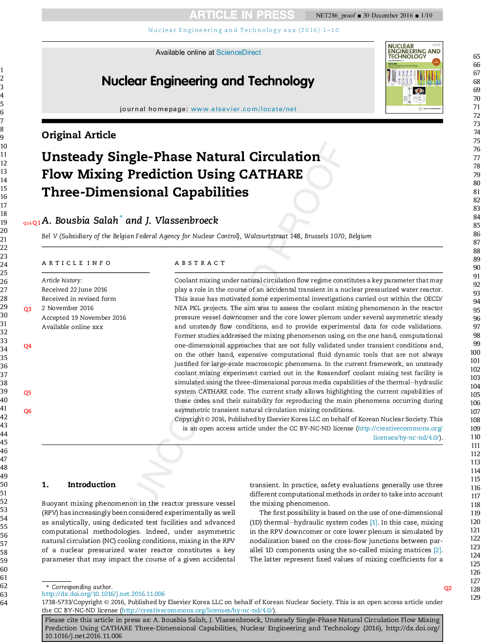 Unsteady Single-Phase Natural Circulation Flow Mixing Prediction Using CATHARE Three-Dimensional Capabilities