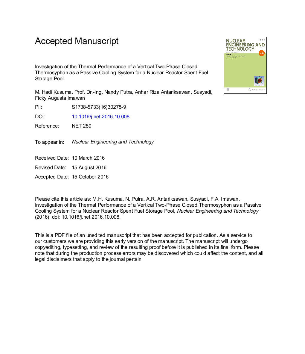 Investigation of the Thermal Performance of a Vertical Two-Phase Closed Thermosyphon as a Passive Cooling System for a Nuclear Reactor Spent Fuel Storage Pool