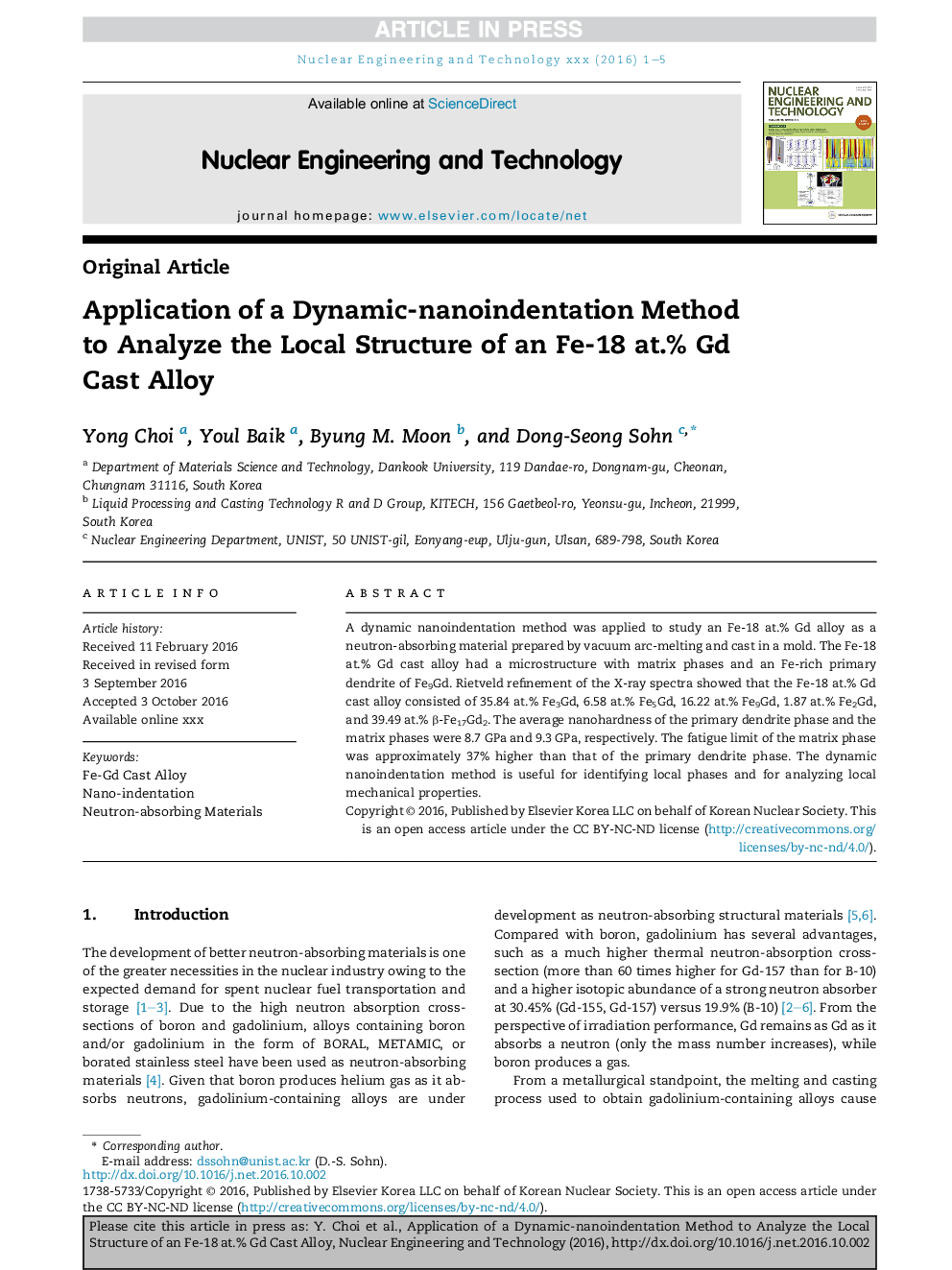 Application of a Dynamic-Nanoindentation Method to Analyze the Local Structure of an Fe-18 at.% Gd Cast Alloy