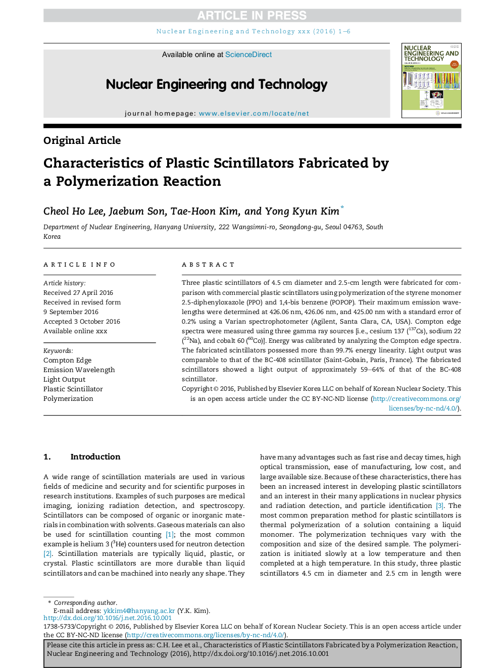 Characteristics of Plastic Scintillators Fabricated by a Polymerization Reaction