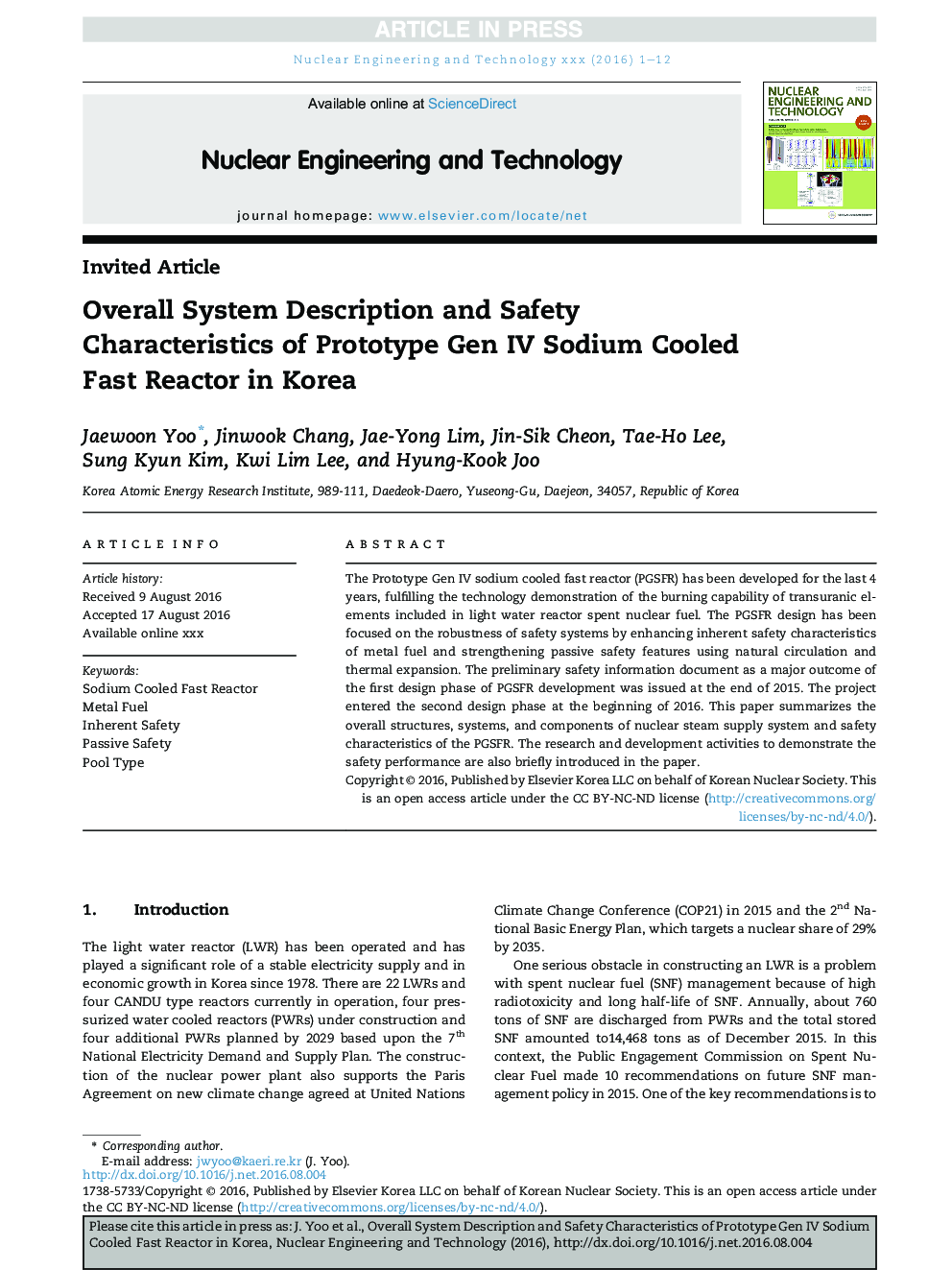 Overall System Description and Safety Characteristics of Prototype Gen IV Sodium Cooled Fast Reactor in Korea