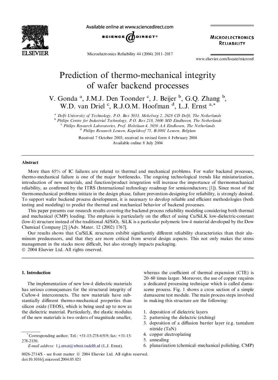 Prediction of thermo-mechanical integrity of wafer backend processes