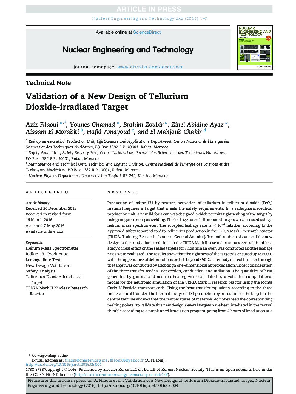 Validation of a New Design of Tellurium Dioxide-Irradiated Target