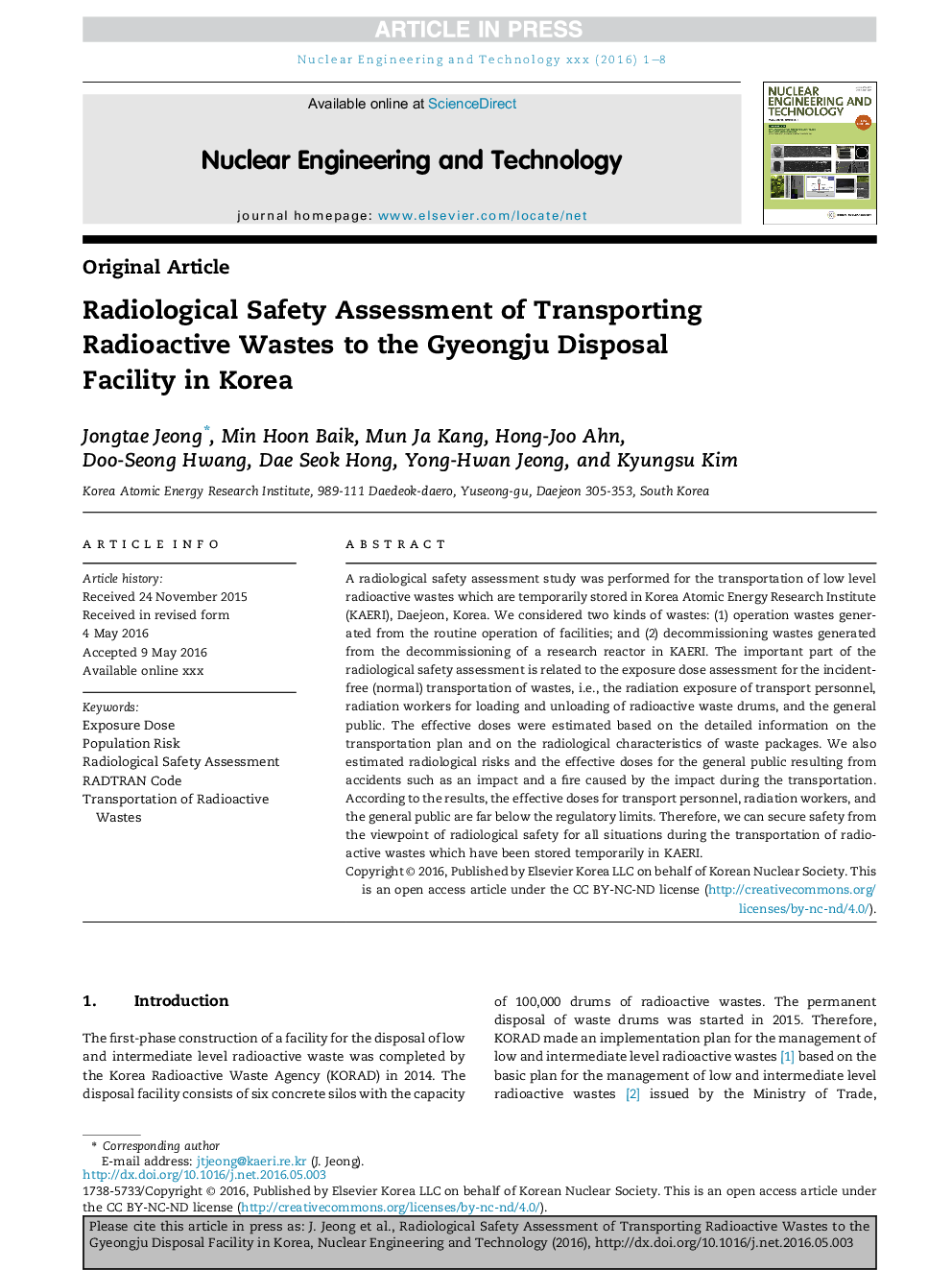 Radiological Safety Assessment of Transporting Radioactive Wastes to the Gyeongju Disposal Facility in Korea