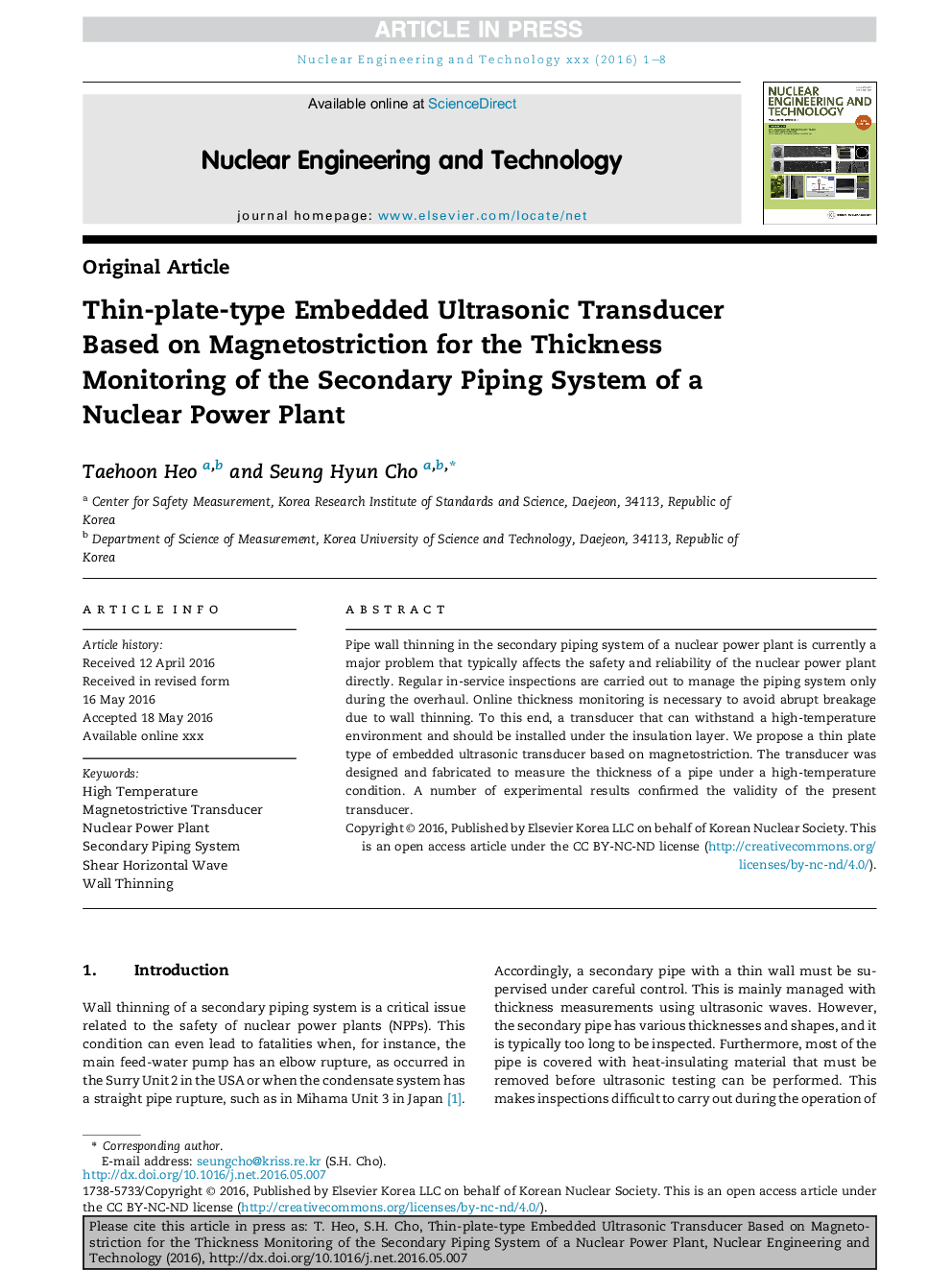 Thin-Plate-Type Embedded Ultrasonic Transducer Based on Magnetostriction for the Thickness Monitoring of the Secondary Piping System of a Nuclear Power Plant