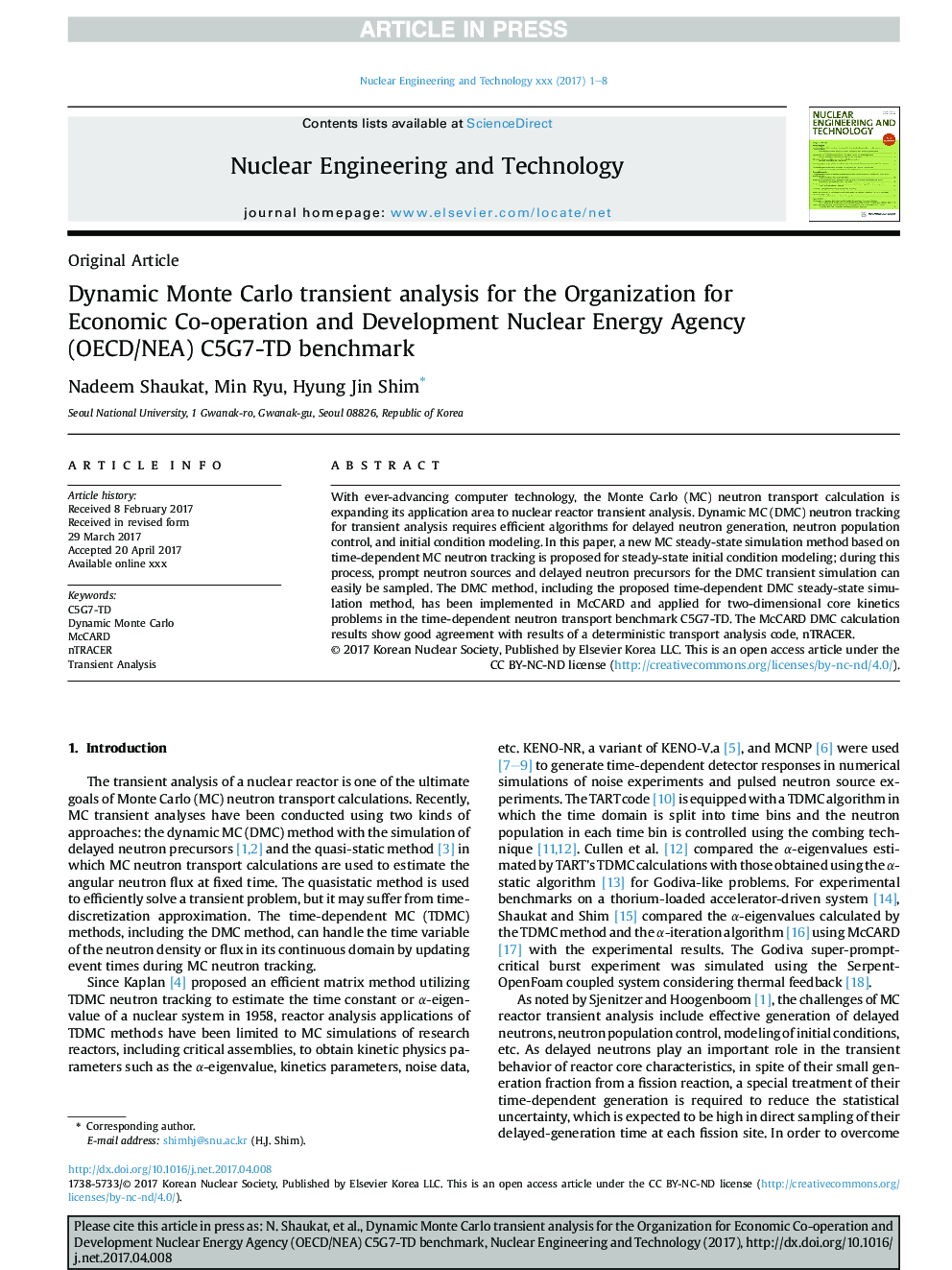 Dynamic Monte Carlo transient analysis for the Organization for Economic Co-operation and Development Nuclear Energy Agency (OECD/NEA) C5G7-TD benchmark