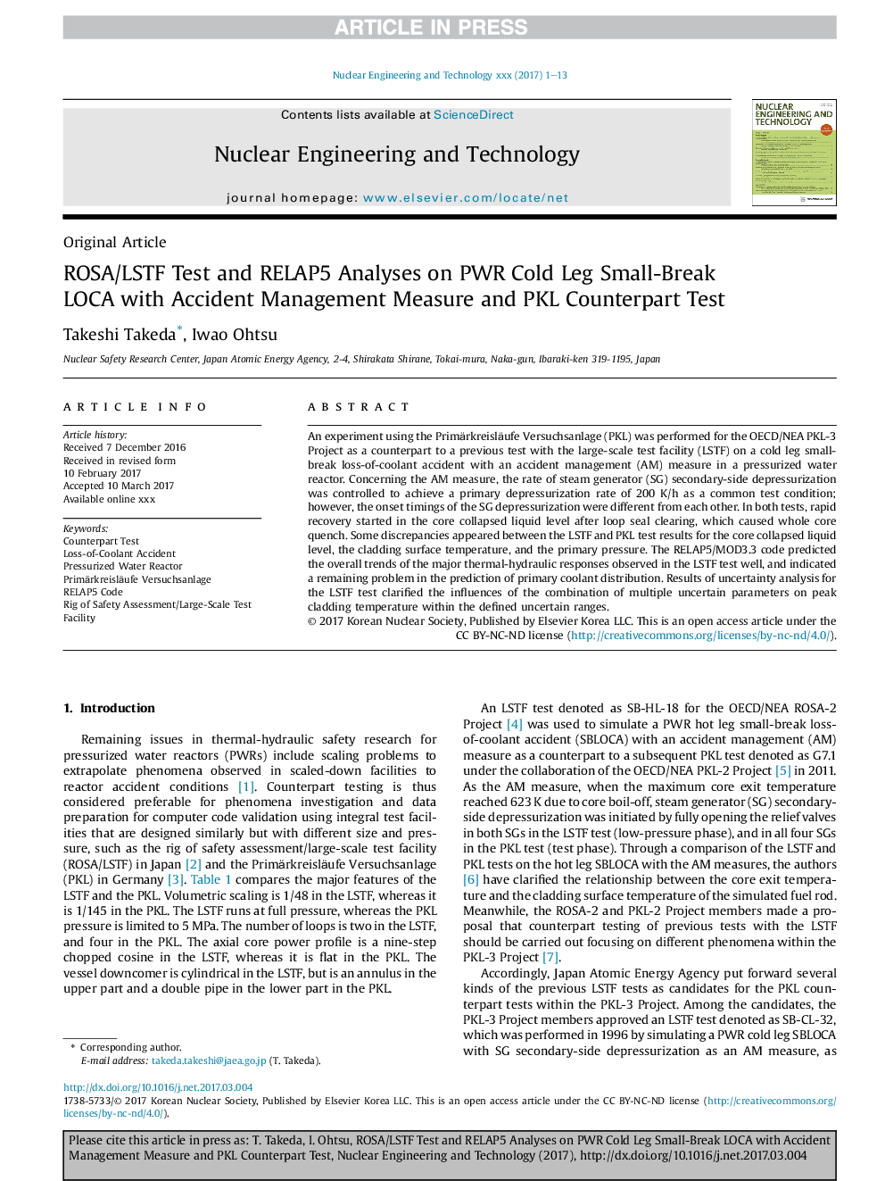 ROSA/LSTF Test and RELAP5 Analyses on PWR Cold Leg Small-Break LOCA with Accident Management Measure and PKL Counterpart Test