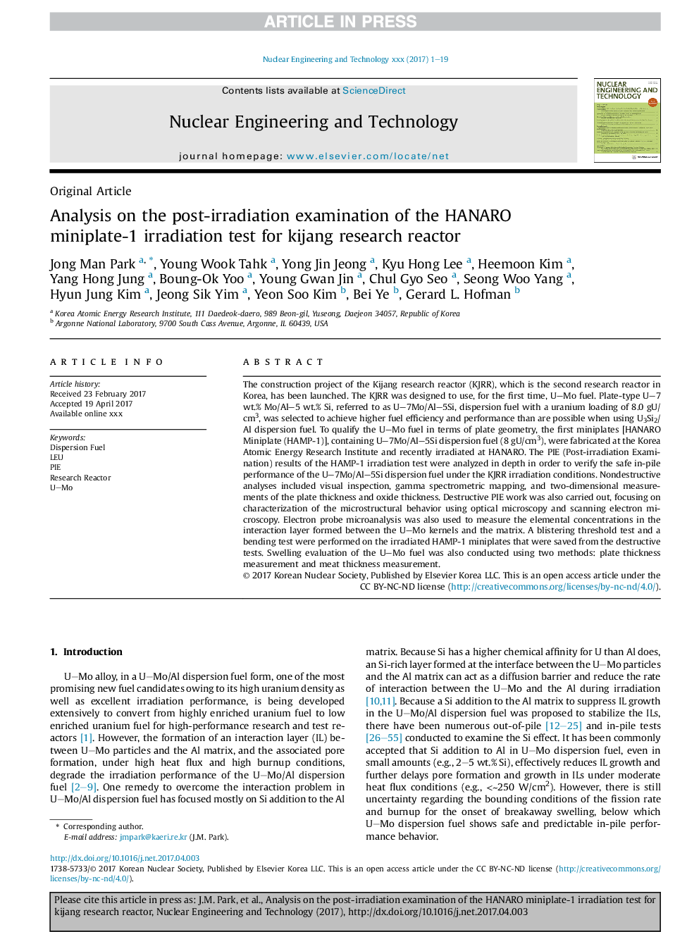 Analysis on the post-irradiation examination of the HANARO miniplate-1 irradiation test for kijang research reactor