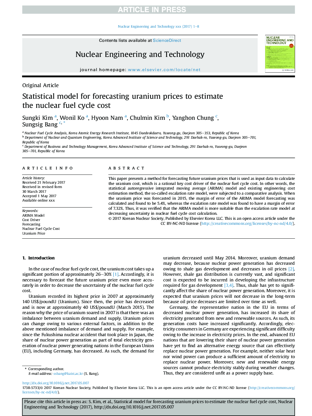 Statistical model for forecasting uranium prices to estimate the nuclear fuel cycle cost