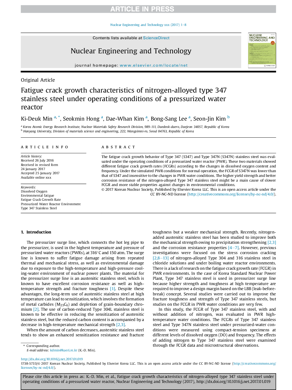 Fatigue crack growth characteristics of nitrogen-alloyed type 347 stainless steel under operating conditions of a pressurized water reactor