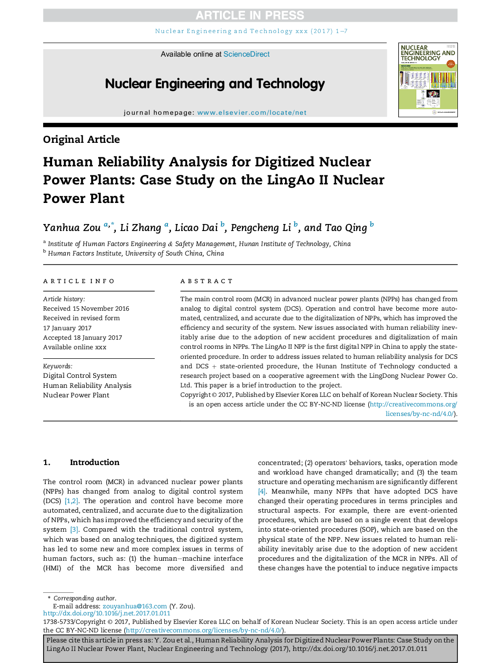 Human Reliability Analysis for Digitized Nuclear Power Plants: Case Study on the LingAo II Nuclear Power Plant