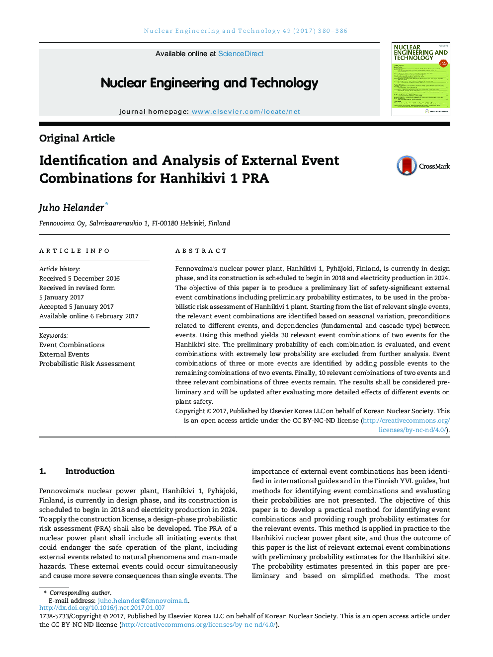 Identification and Analysis of External Event Combinations for Hanhikivi 1 PRA