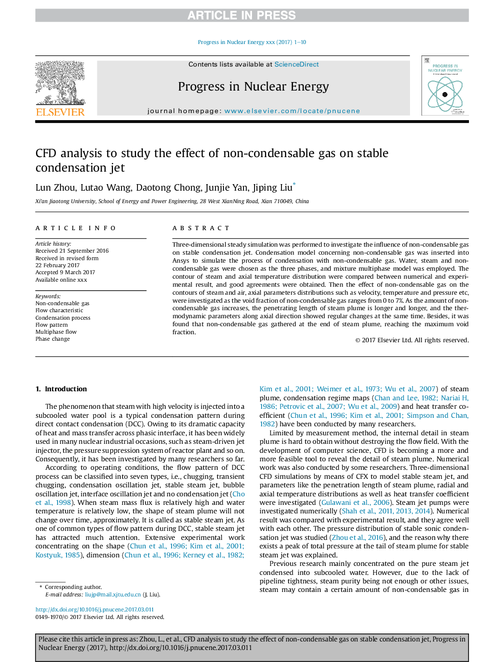 CFD analysis to study the effect of non-condensable gas on stable condensation jet