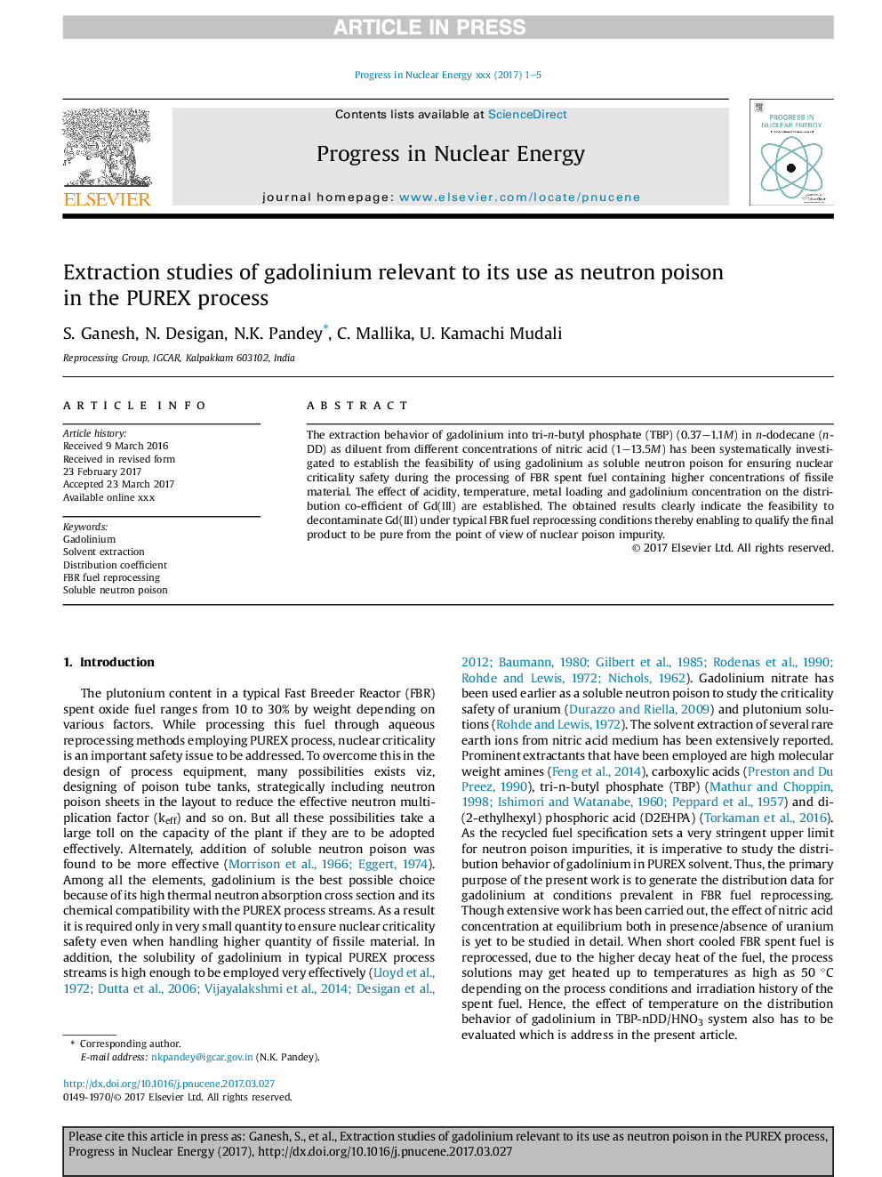 Extraction studies of gadolinium relevant to its use as neutron poison in the PUREX process