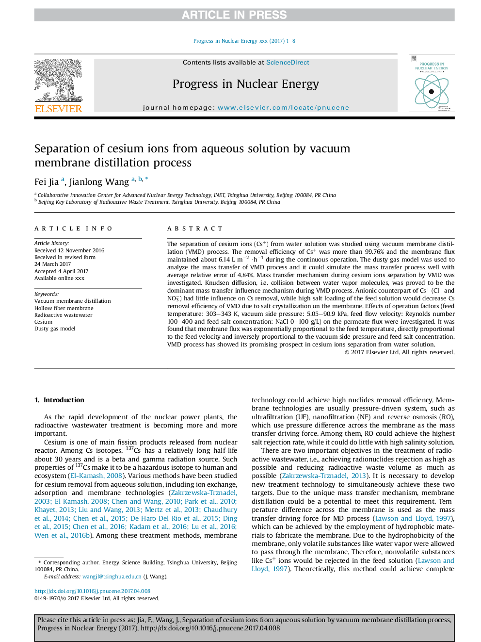 Separation of cesium ions from aqueous solution by vacuum membrane distillation process