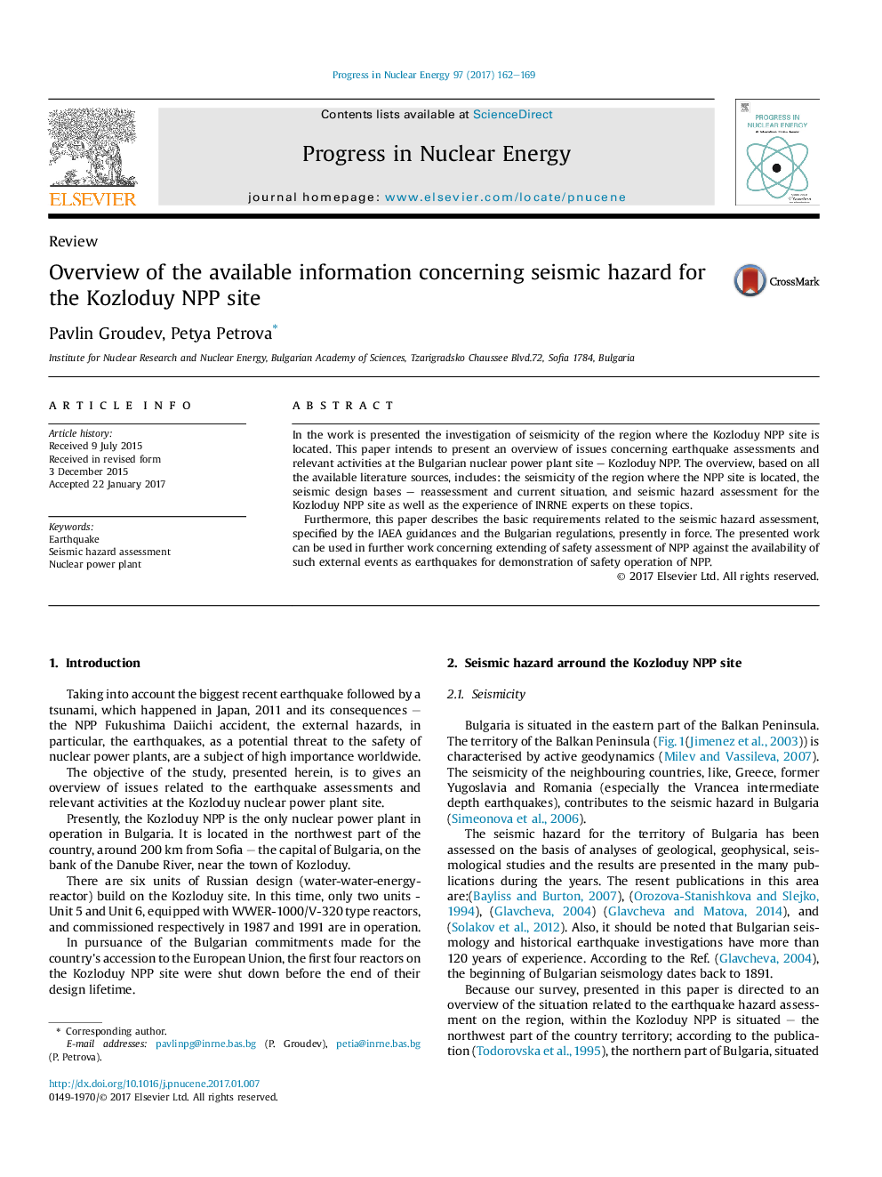 Overview of the available information concerning seismic hazard for the Kozloduy NPP site