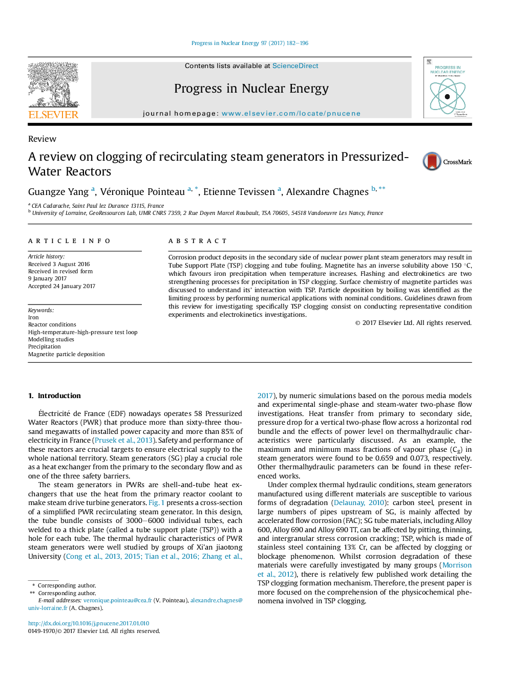 A review on clogging of recirculating steam generators in Pressurized-Water Reactors