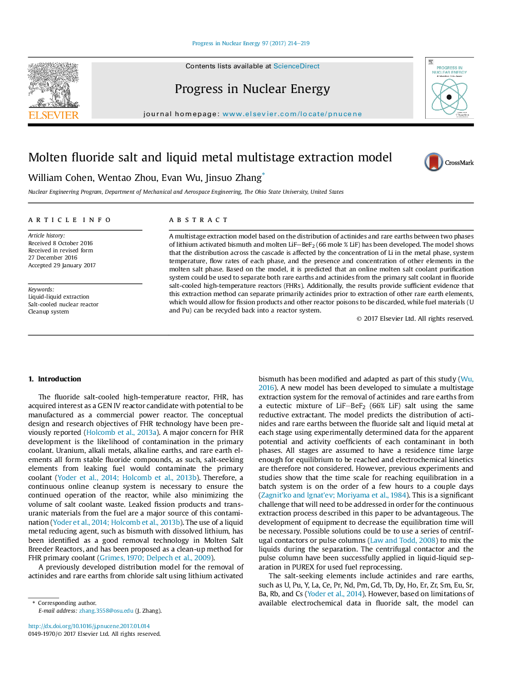 Molten fluoride salt and liquid metal multistage extraction model