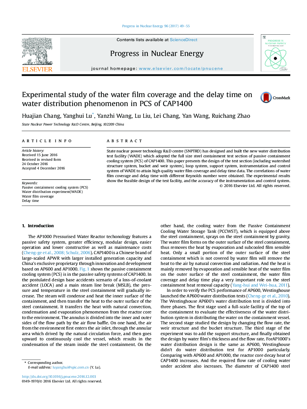 Experimental study of the water film coverage and the delay time on water distribution phenomenon in PCS of CAP1400