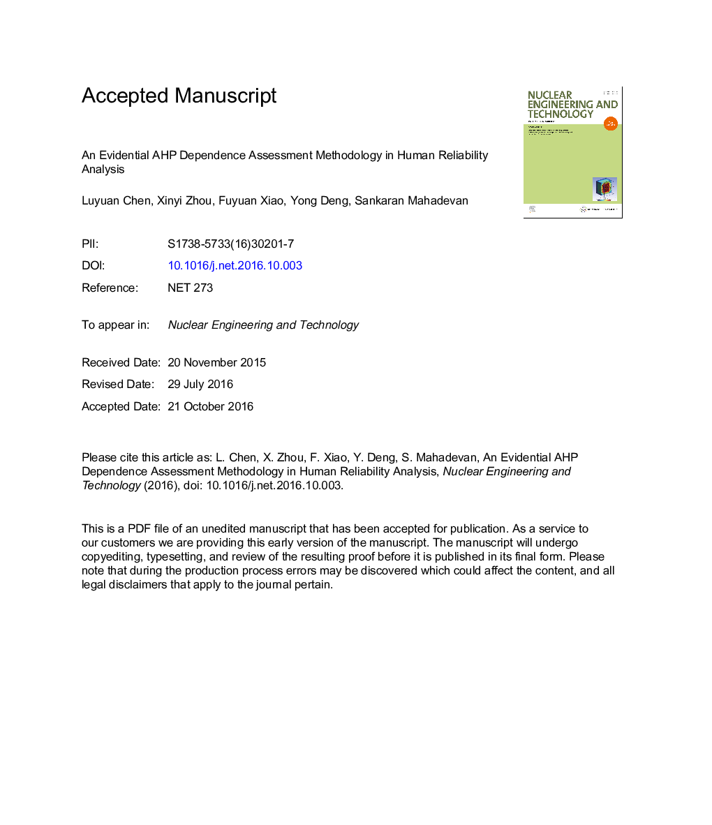 Evidential Analytic Hierarchy Process Dependence Assessment Methodology in Human Reliability Analysis