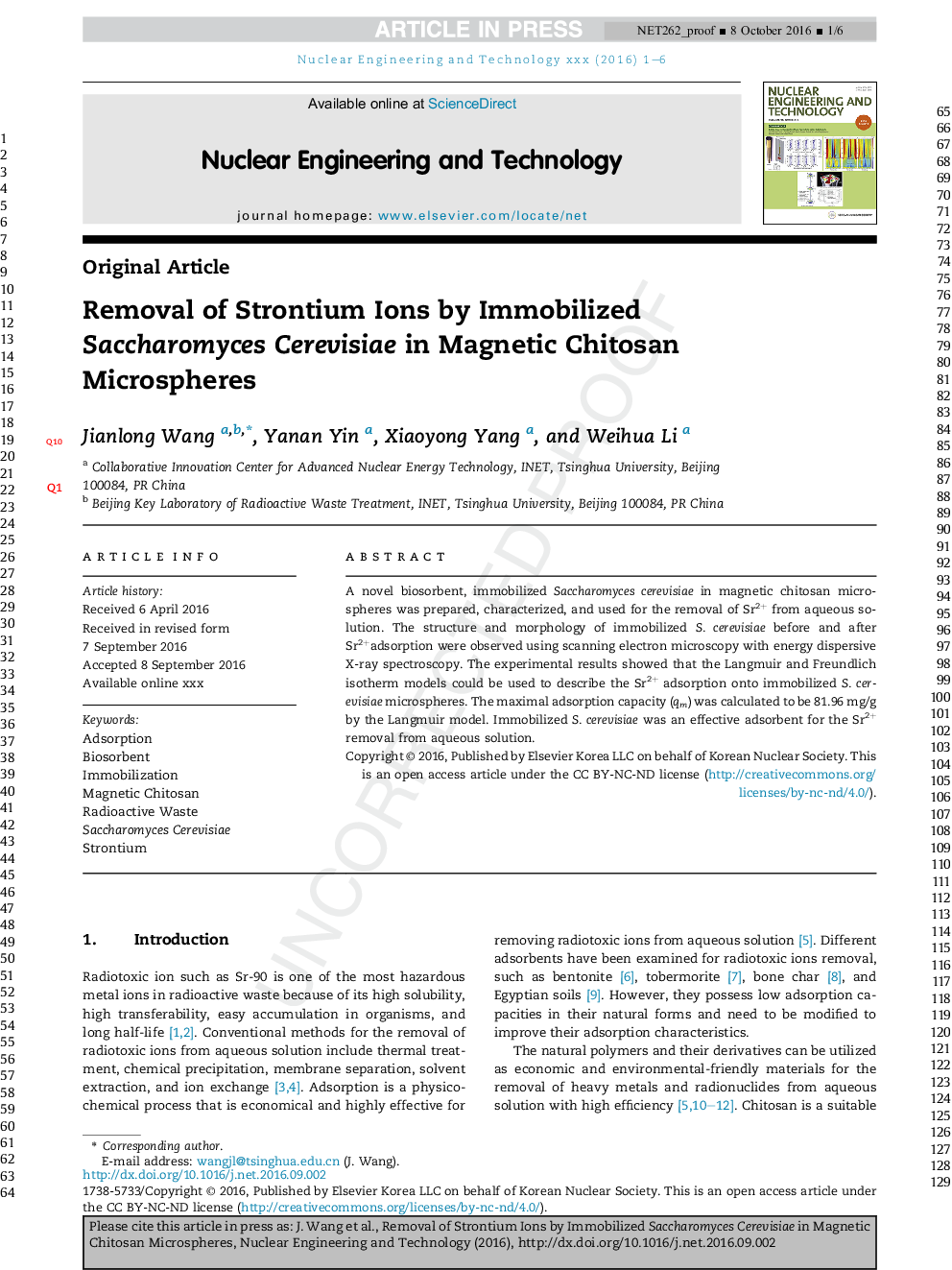 Removal of Strontium Ions by Immobilized Saccharomyces Cerevisiae in Magnetic Chitosan Microspheres