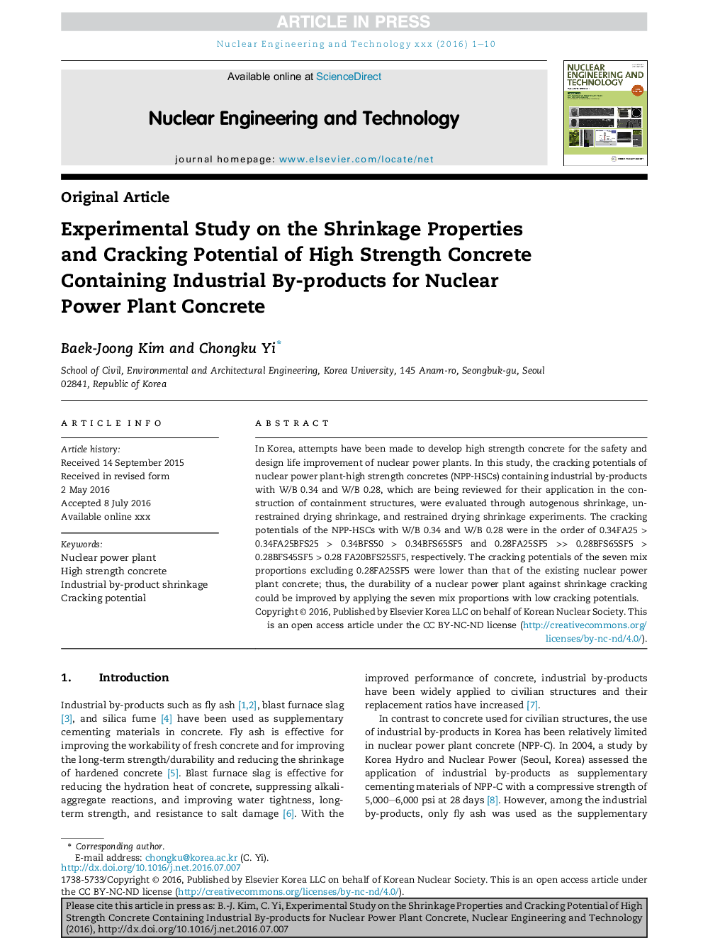 Experimental Study on the Shrinkage Properties and Cracking Potential of High Strength Concrete Containing Industrial By-Products for Nuclear Power Plant Concrete