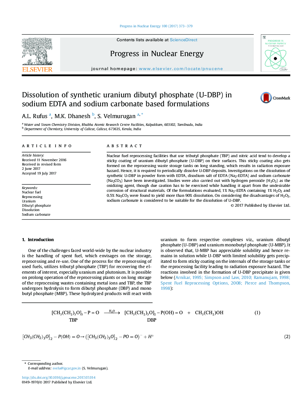 Dissolution of synthetic uranium dibutyl phosphate (U-DBP) in sodium EDTA and sodium carbonate based formulations