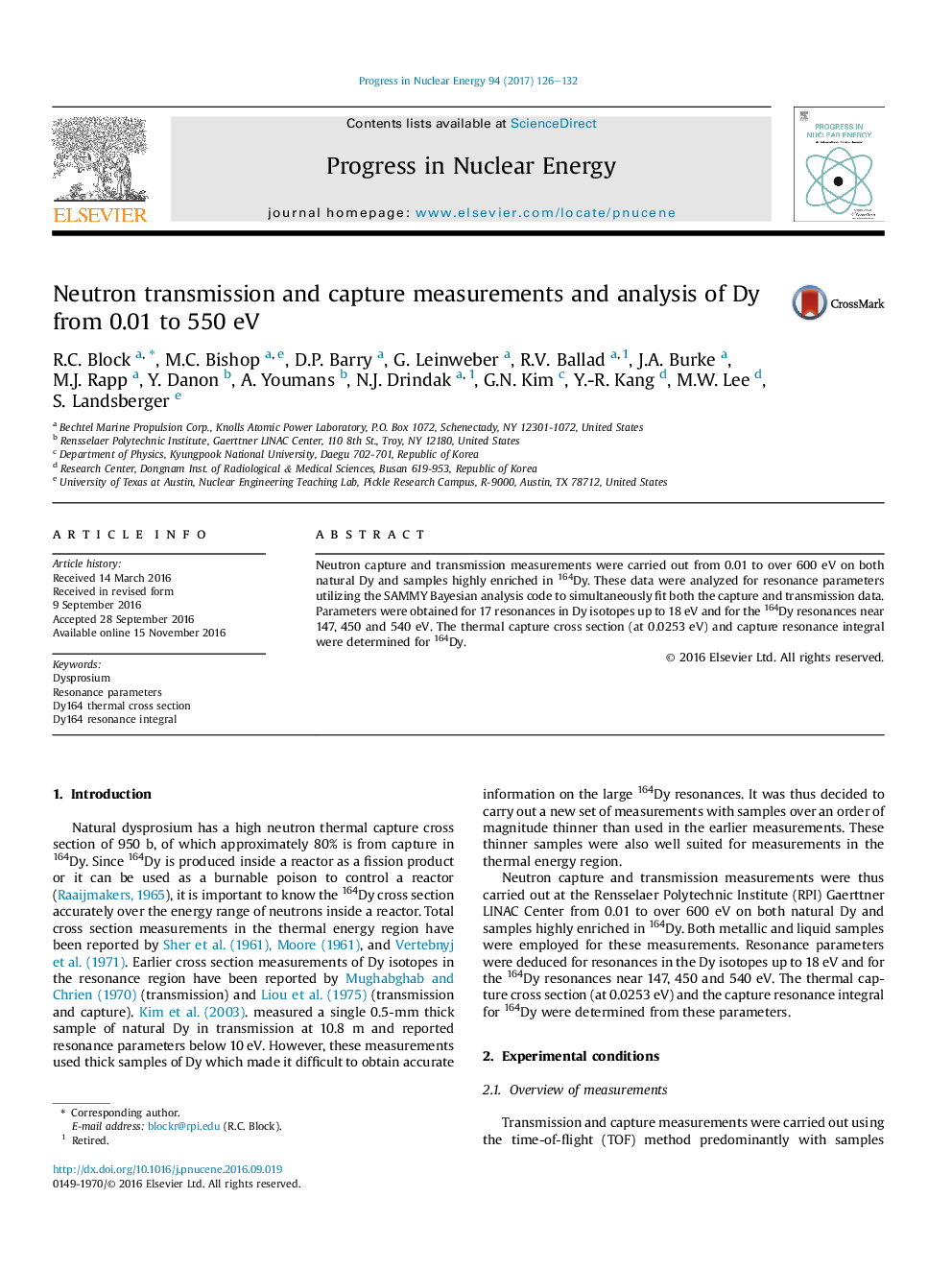 Neutron transmission and capture measurements and analysis of Dy from 0.01 to 550Â eV