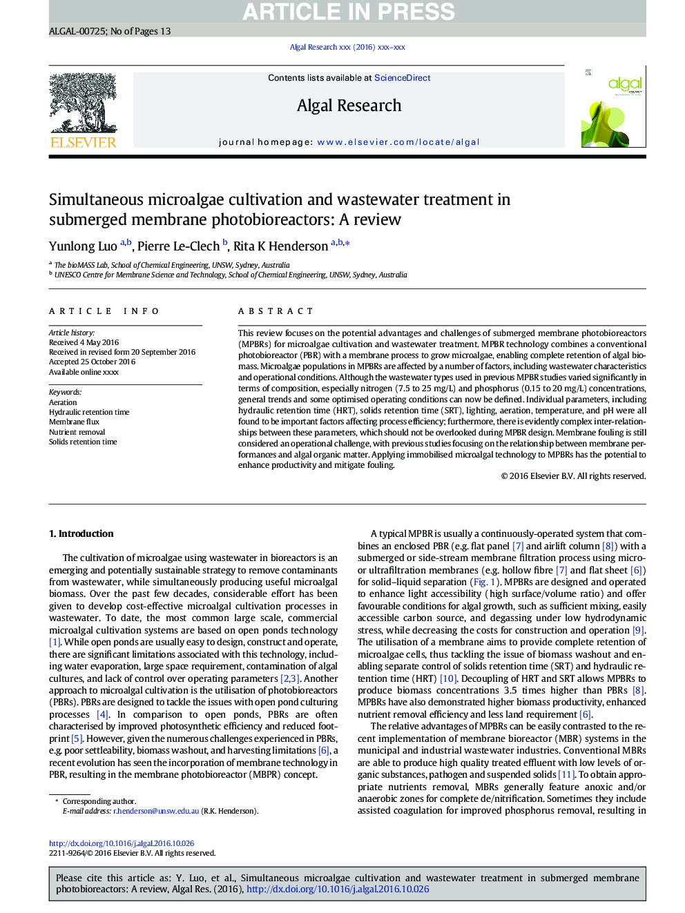 Simultaneous microalgae cultivation and wastewater treatment in submerged membrane photobioreactors: A review