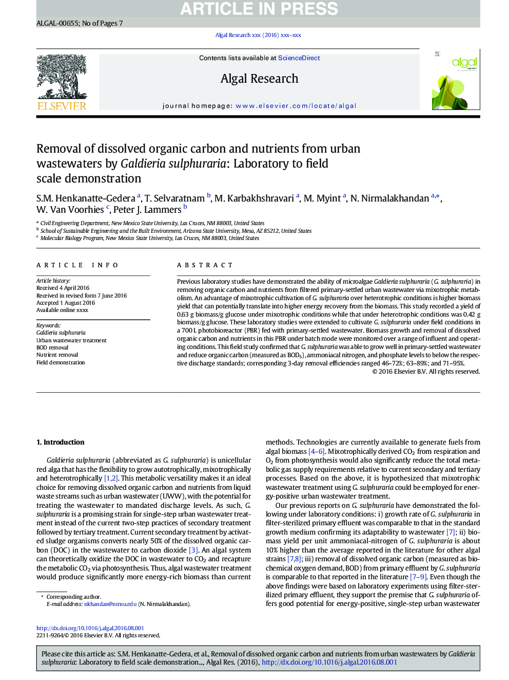 Removal of dissolved organic carbon and nutrients from urban wastewaters by Galdieria sulphuraria: Laboratory to field scale demonstration