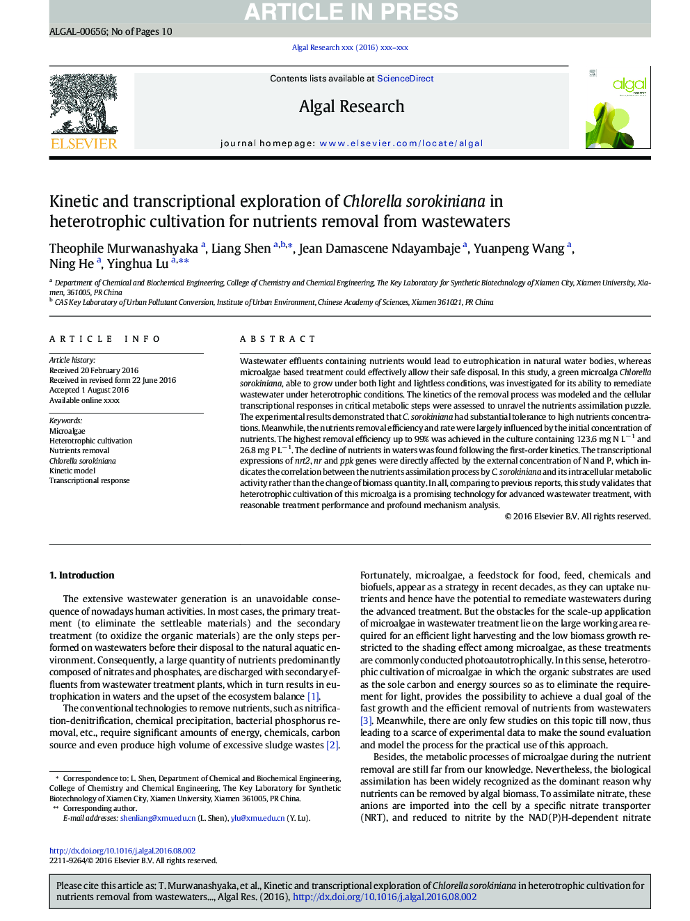 Kinetic and transcriptional exploration of Chlorella sorokiniana in heterotrophic cultivation for nutrients removal from wastewaters