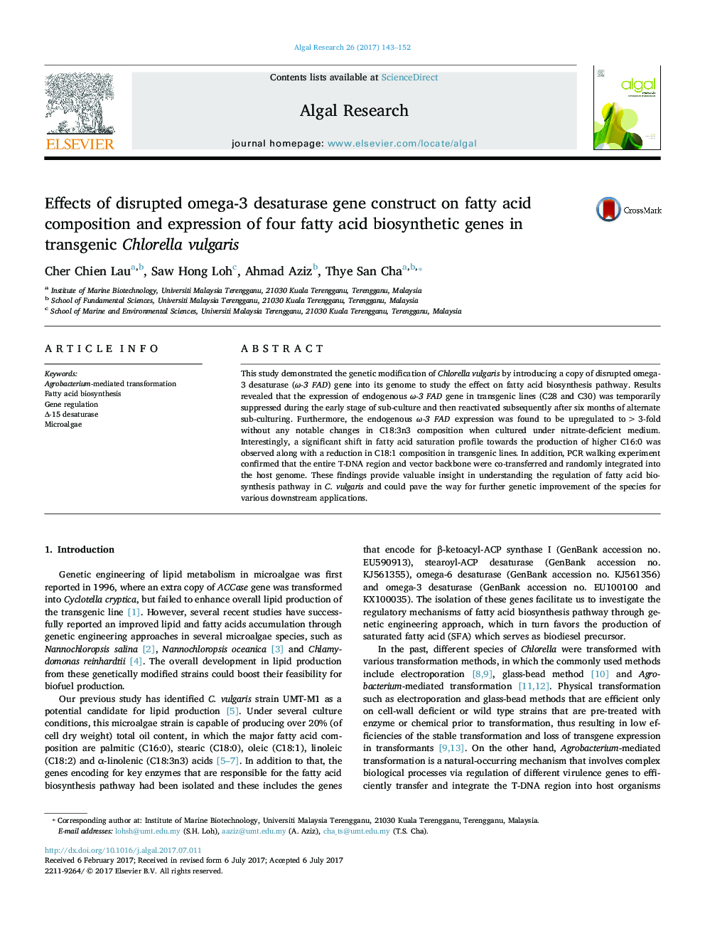 Effects of disrupted omega-3 desaturase gene construct on fatty acid composition and expression of four fatty acid biosynthetic genes in transgenic Chlorella vulgaris