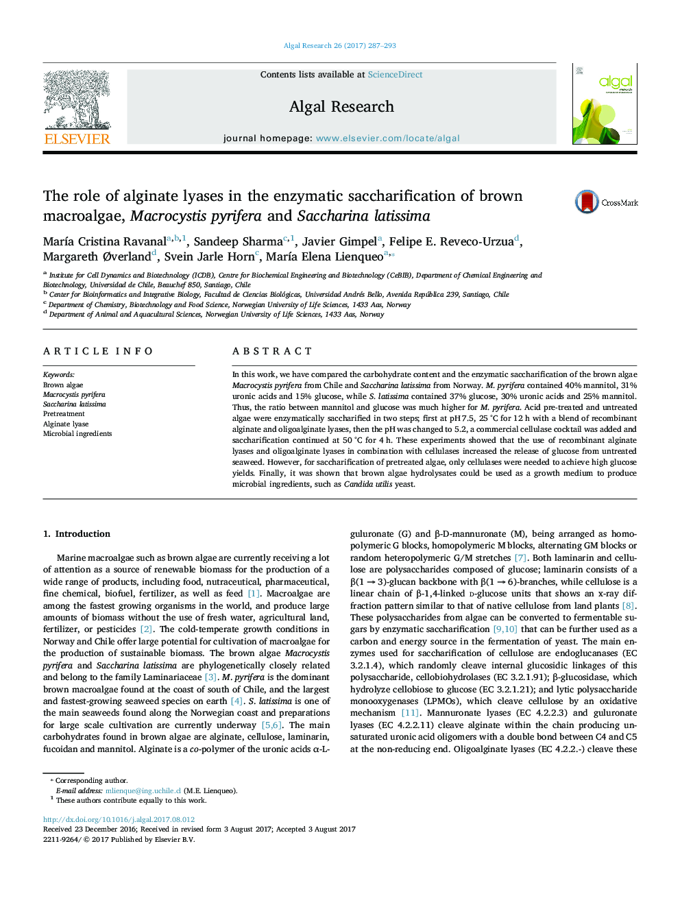 The role of alginate lyases in the enzymatic saccharification of brown macroalgae, Macrocystis pyrifera and Saccharina latissima