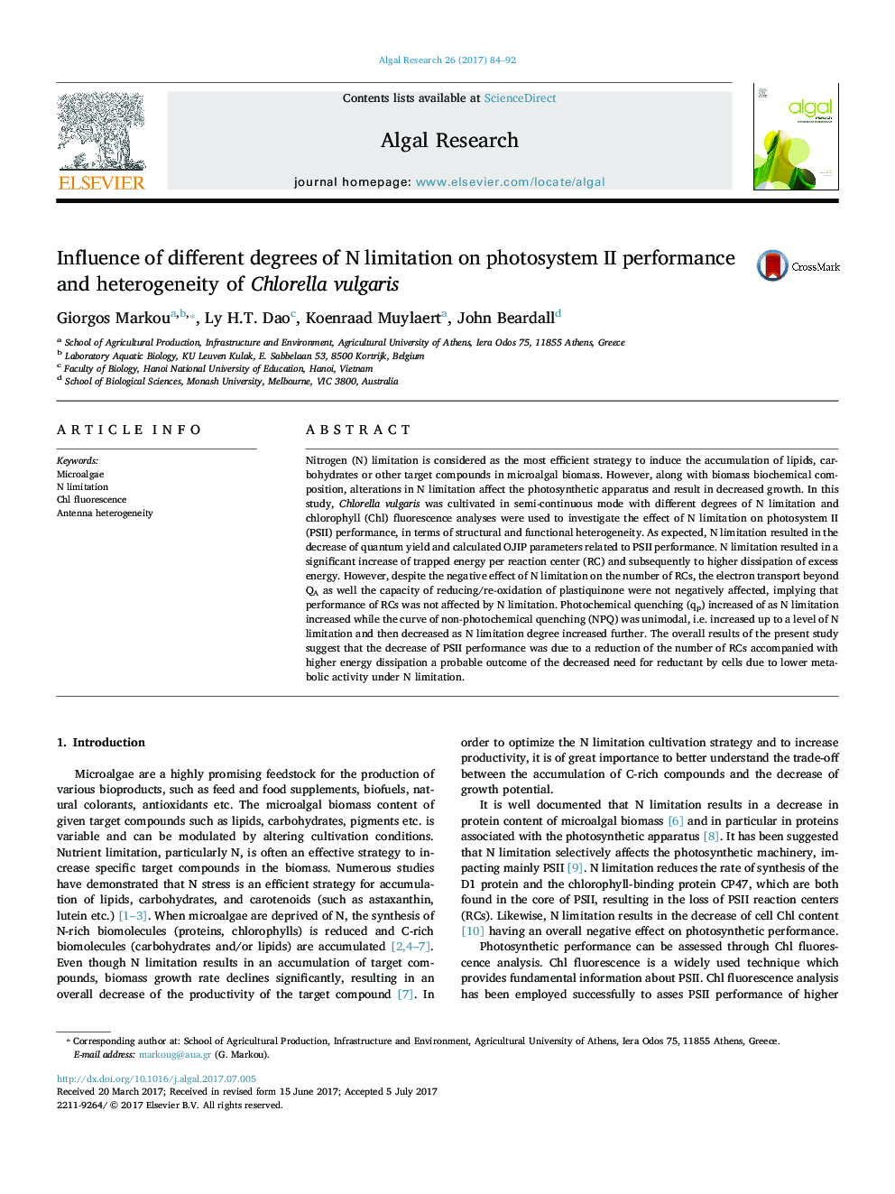 عکس صفحه اول مقاله: Influence of different degrees of N limitation on photosystem II performance and heterogeneity of Chlorella vulgaris Influence of different degrees of N limitation on photosystem II performance and heterogeneity of Chlorella vulgaris