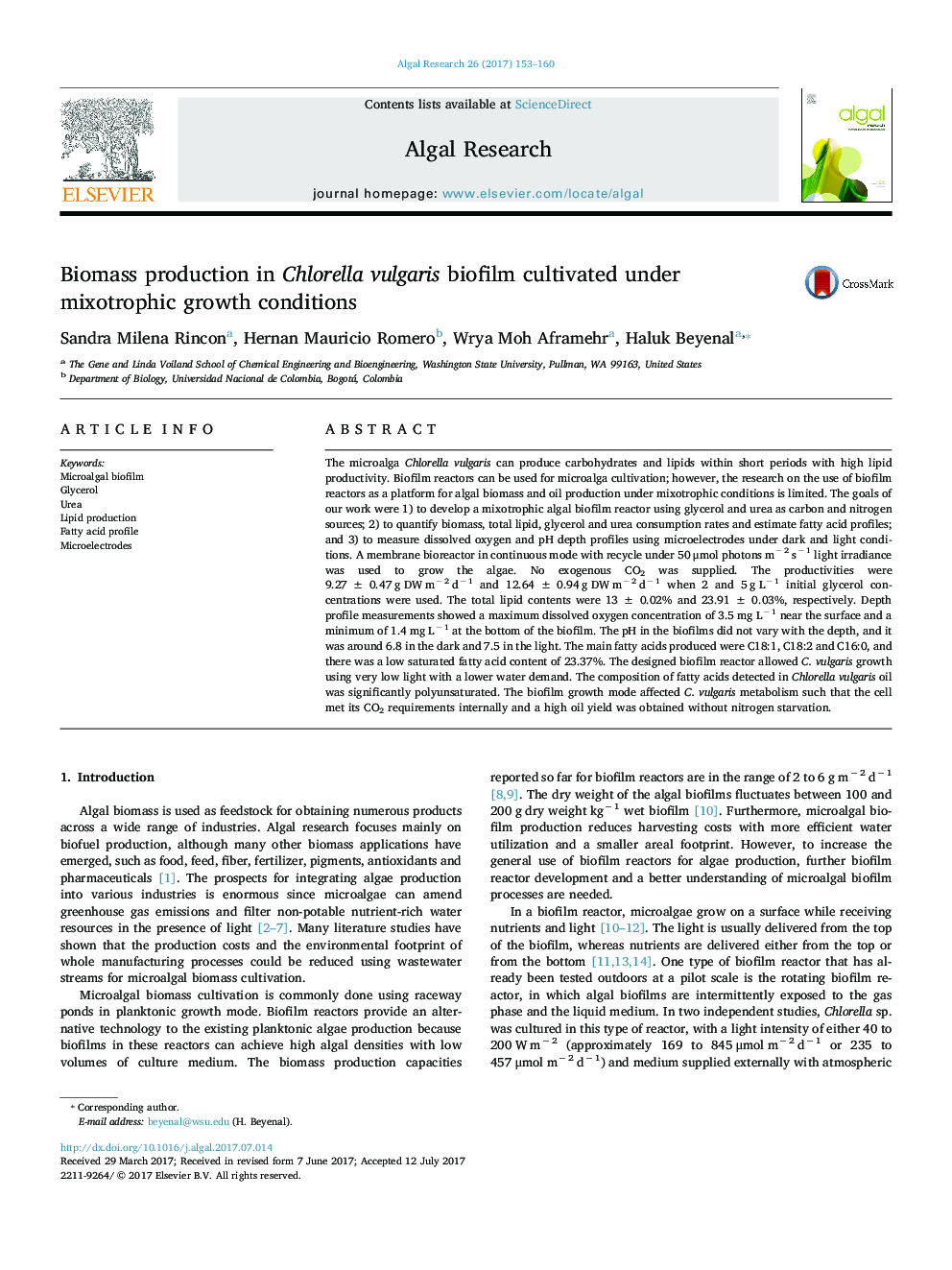 Biomass production in Chlorella vulgaris biofilm cultivated under mixotrophic growth conditions