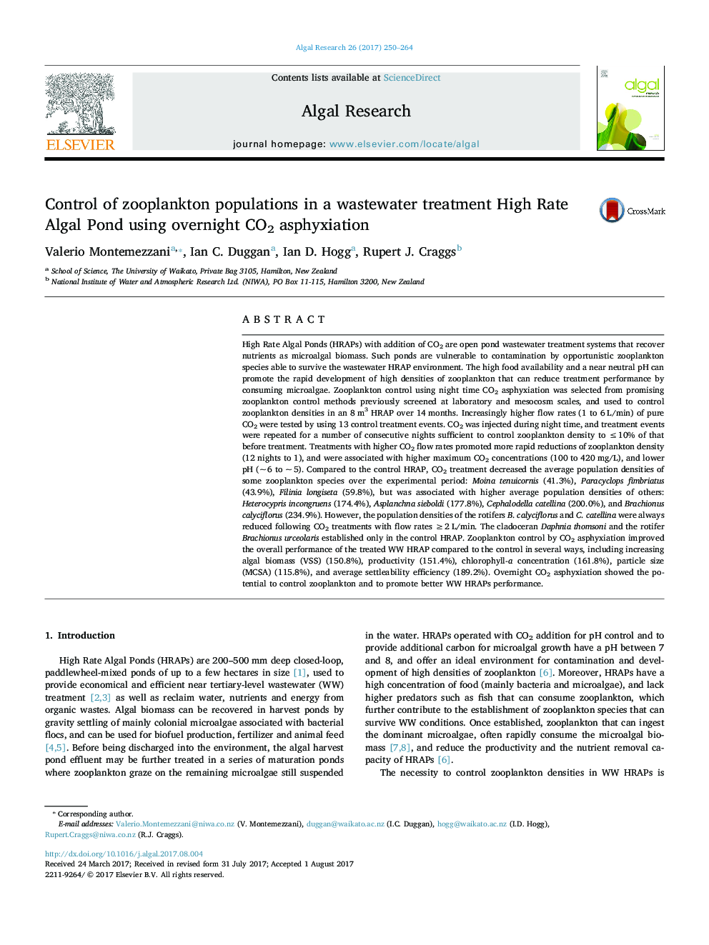 Control of zooplankton populations in a wastewater treatment High Rate Algal Pond using overnight CO2 asphyxiation