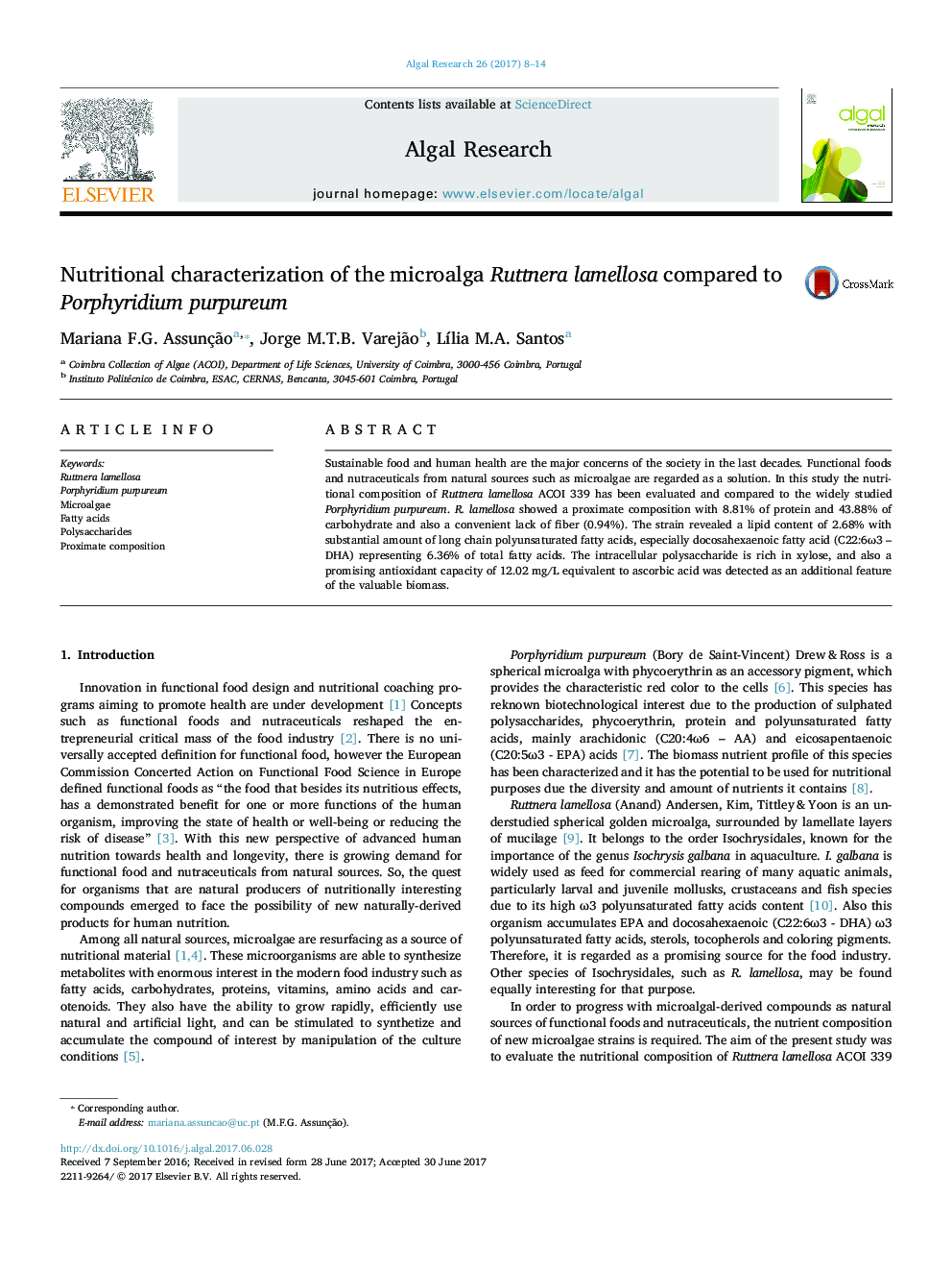 Nutritional characterization of the microalga Ruttnera lamellosa compared to Porphyridium purpureum