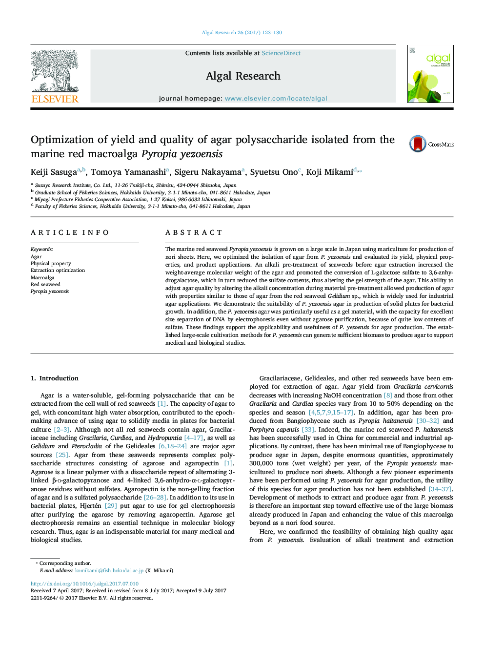 Optimization of yield and quality of agar polysaccharide isolated from the marine red macroalga Pyropia yezoensis