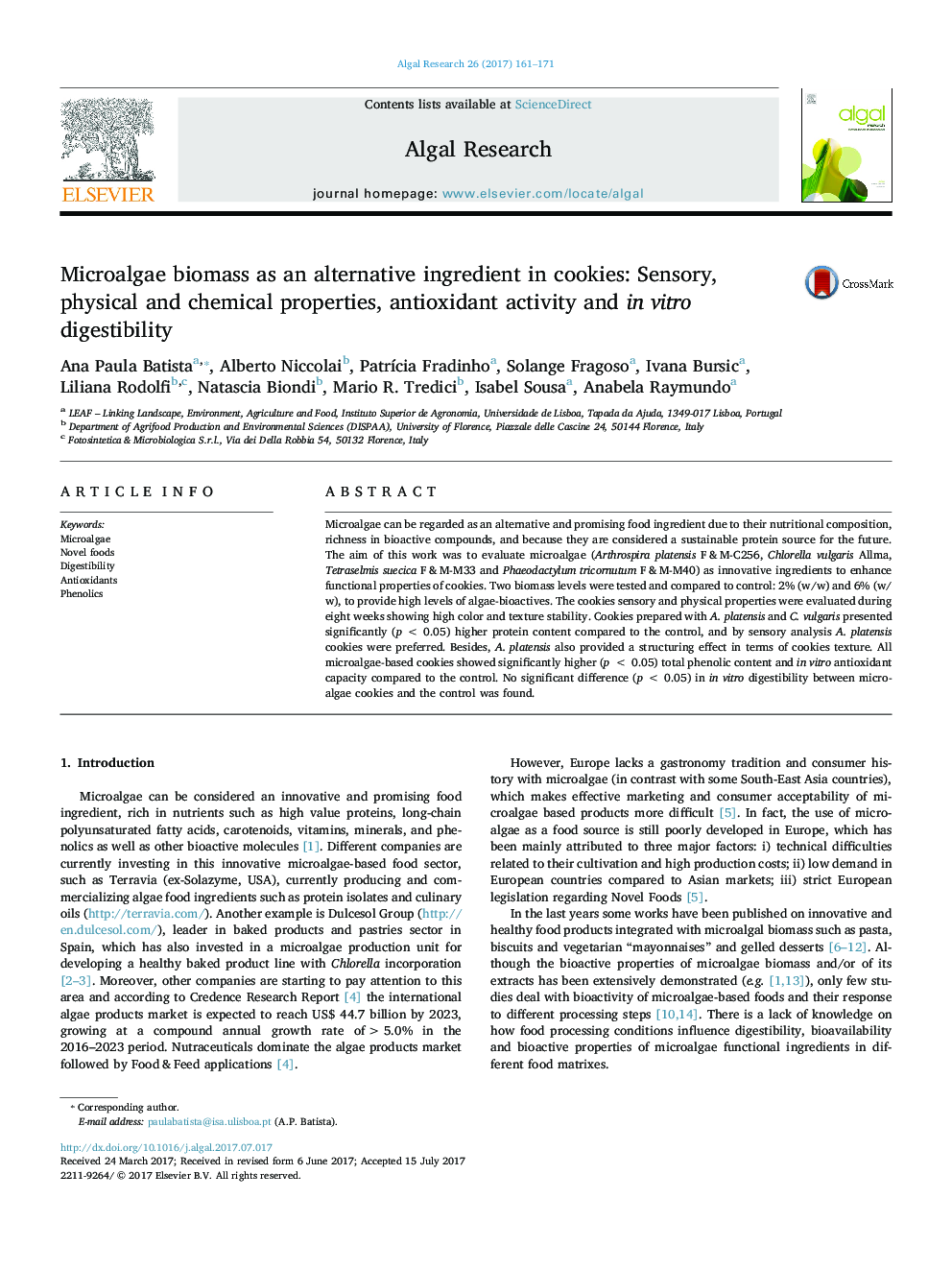 Microalgae biomass as an alternative ingredient in cookies: Sensory, physical and chemical properties, antioxidant activity and in vitro digestibility