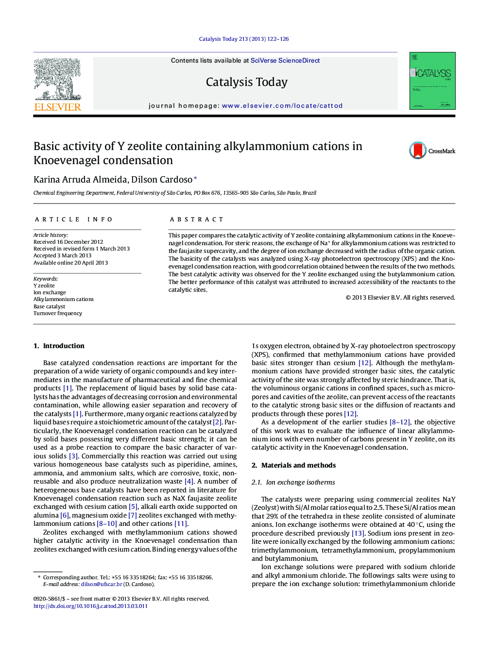 Basic activity of Y zeolite containing alkylammonium cations in Knoevenagel condensation