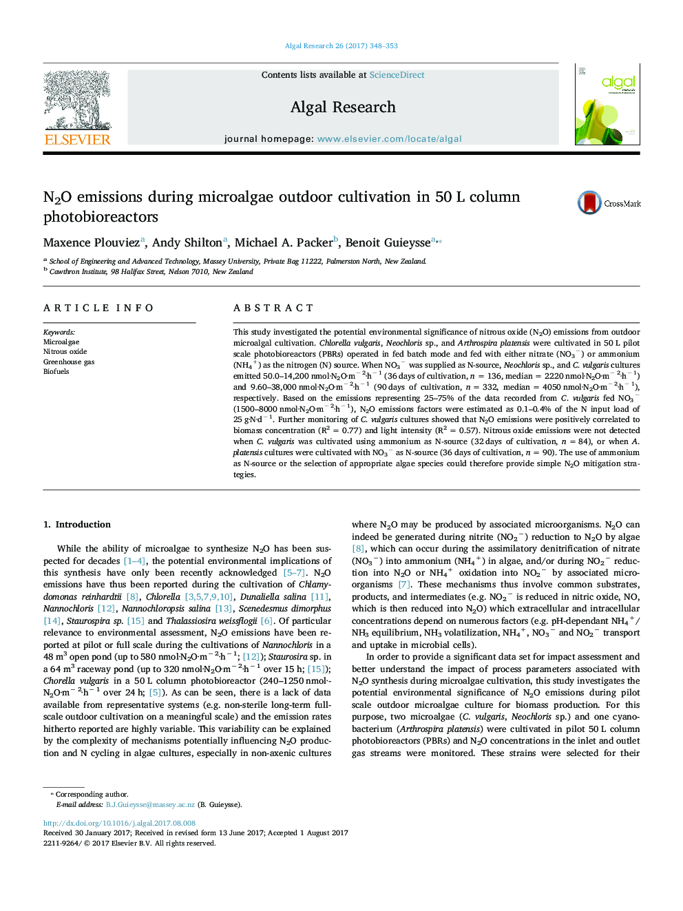N2O emissions during microalgae outdoor cultivation in 50Â L column photobioreactors