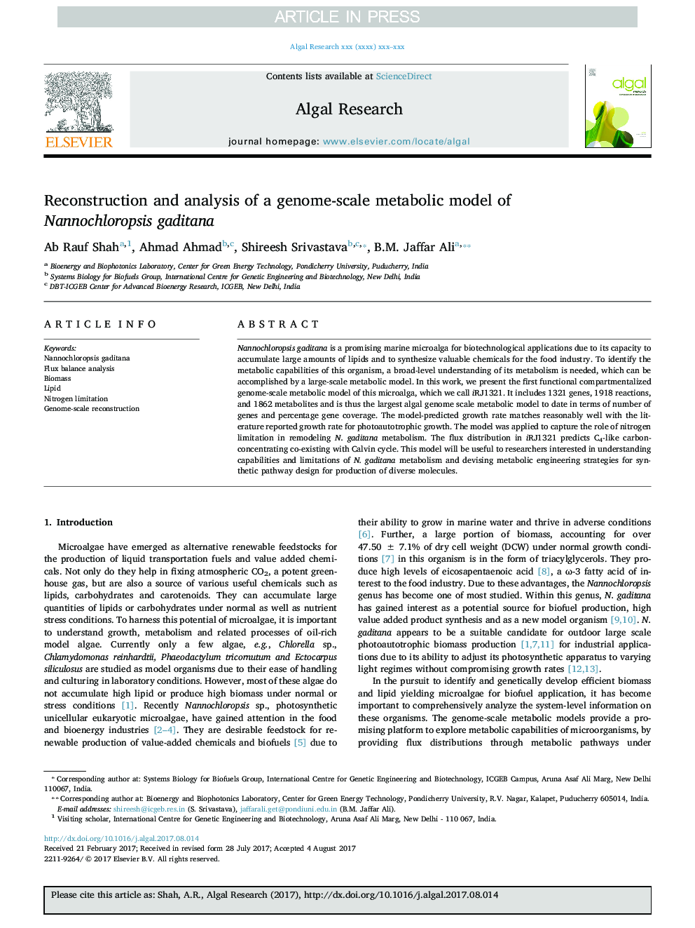 Reconstruction and analysis of a genome-scale metabolic model of Nannochloropsis gaditana