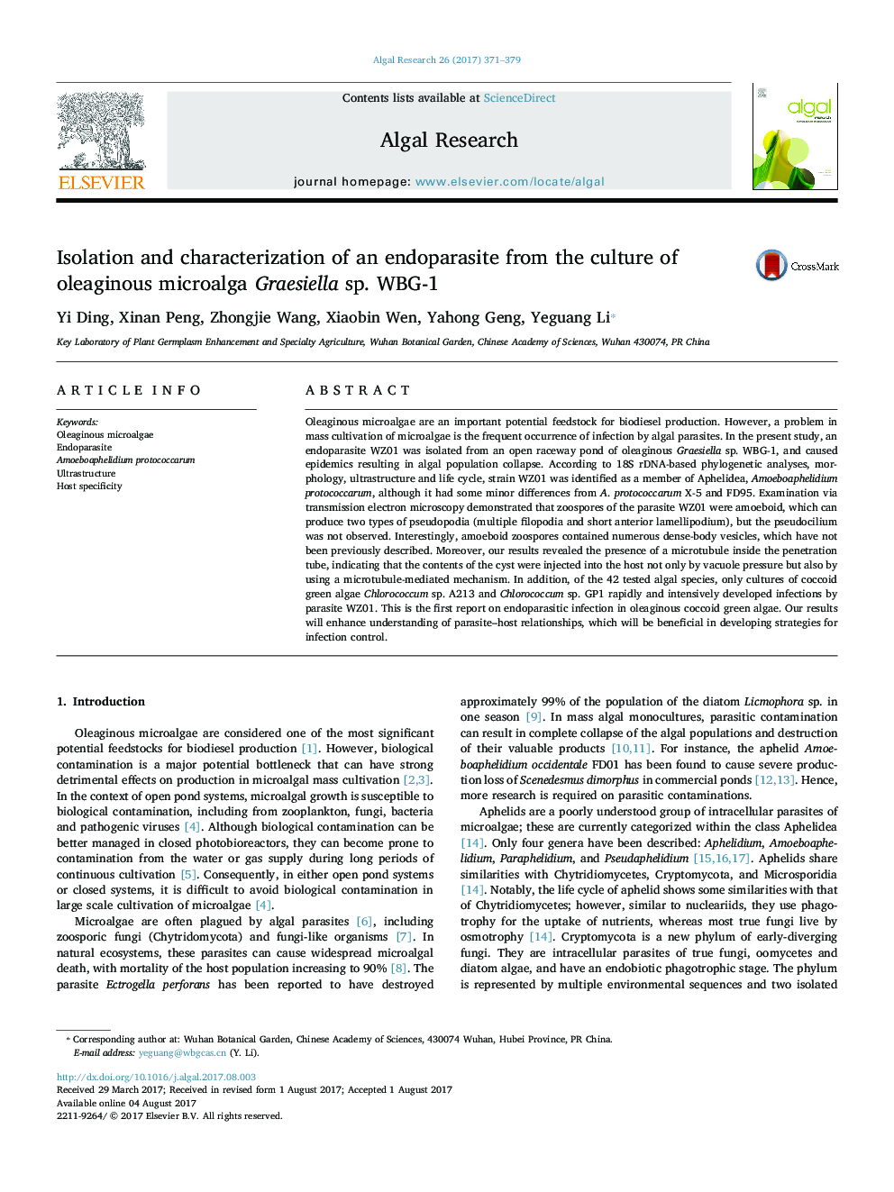 Isolation and characterization of an endoparasite from the culture of oleaginous microalga Graesiella sp. WBG-1