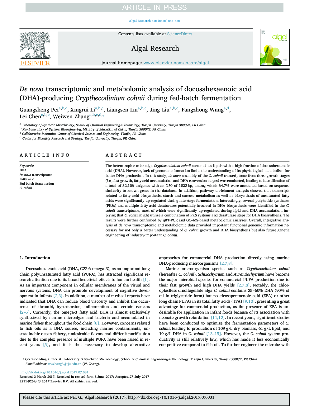 De novo transcriptomic and metabolomic analysis of docosahexaenoic acid (DHA)-producing Crypthecodinium cohnii during fed-batch fermentation