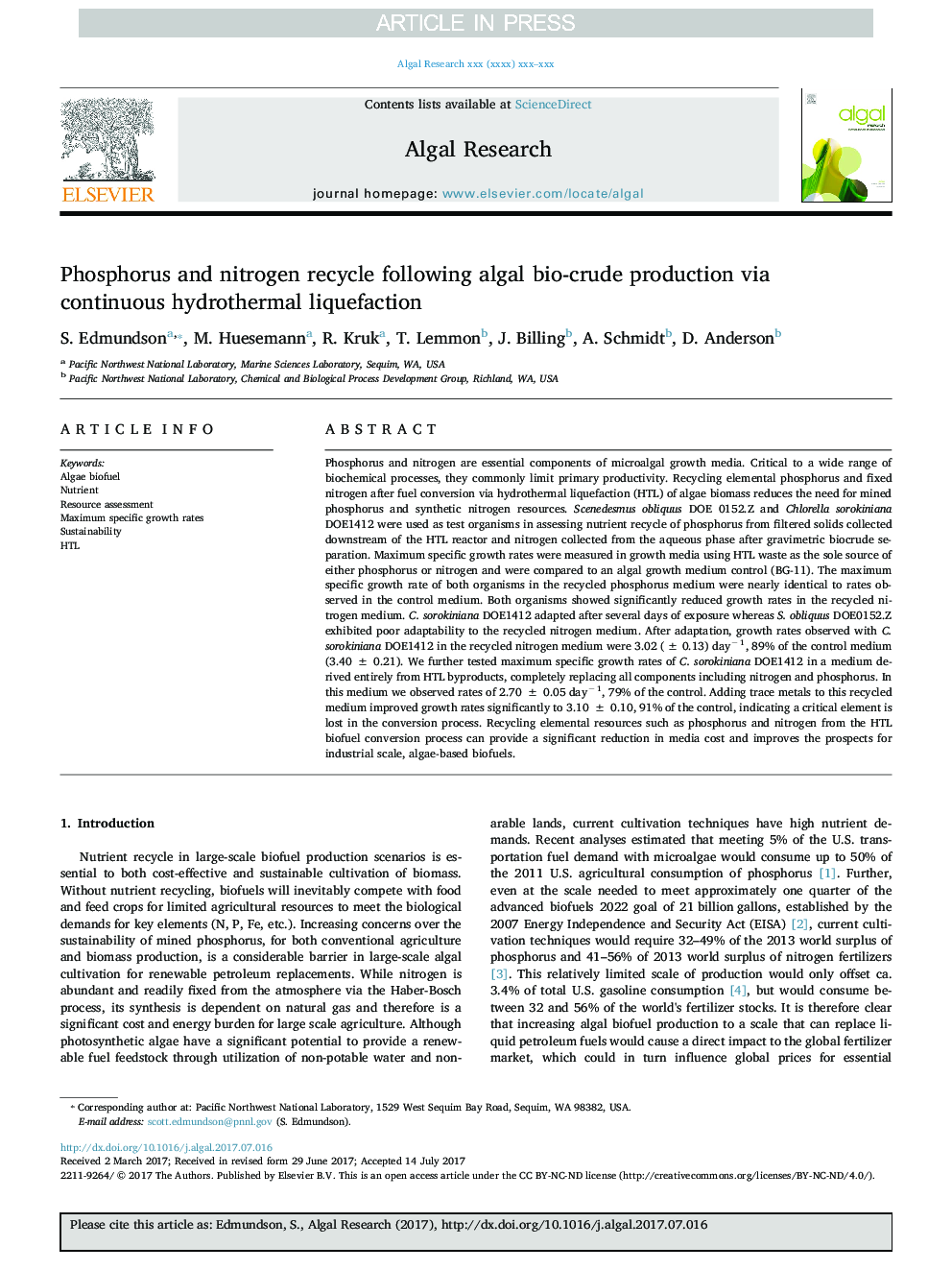 Phosphorus and nitrogen recycle following algal bio-crude production via continuous hydrothermal liquefaction