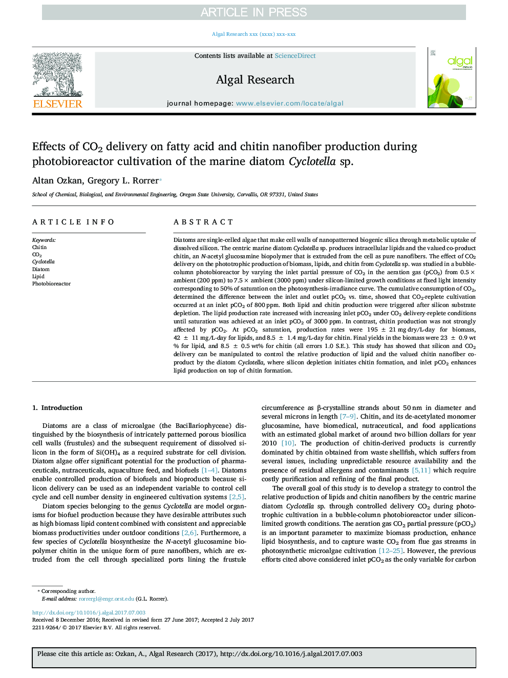 Effects of CO2 delivery on fatty acid and chitin nanofiber production during photobioreactor cultivation of the marine diatom Cyclotella sp.