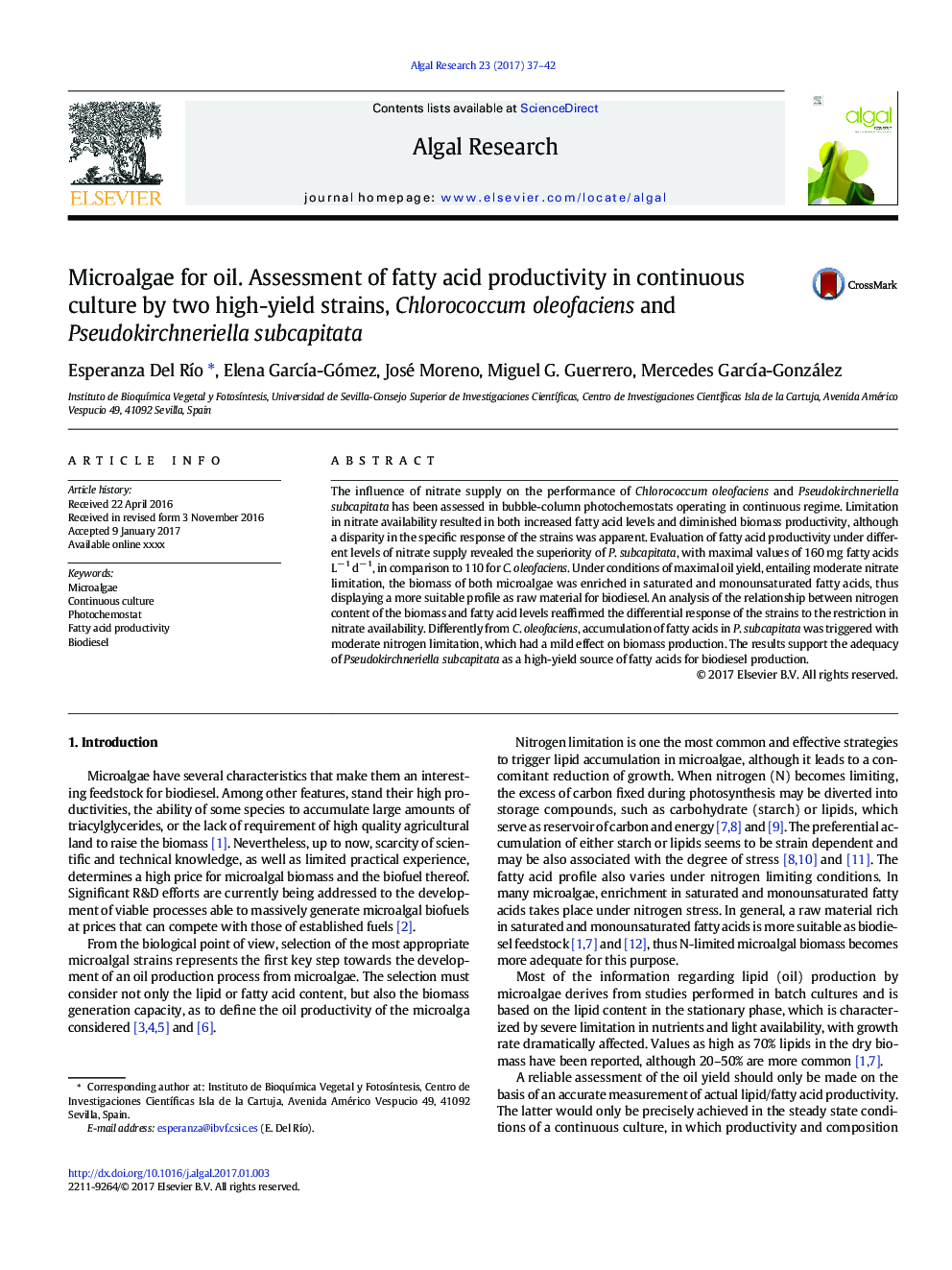 Microalgae for oil. Assessment of fatty acid productivity in continuous culture by two high-yield strains, Chlorococcum oleofaciens and Pseudokirchneriella subcapitata