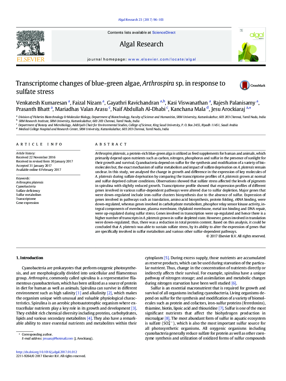 Transcriptome changes of blue-green algae, Arthrospira sp. in response to sulfate stress