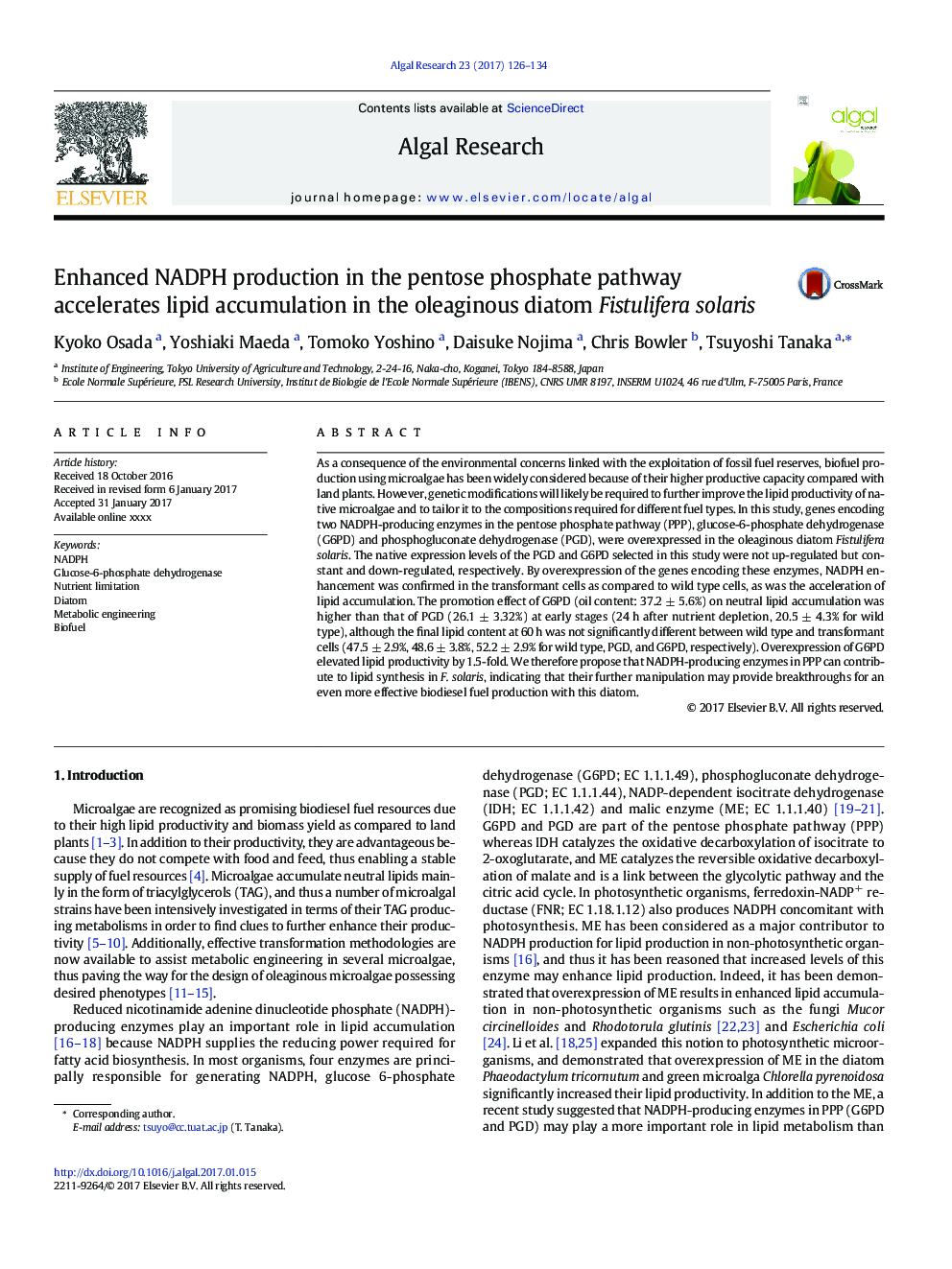 Enhanced NADPH production in the pentose phosphate pathway accelerates lipid accumulation in the oleaginous diatom Fistulifera solaris