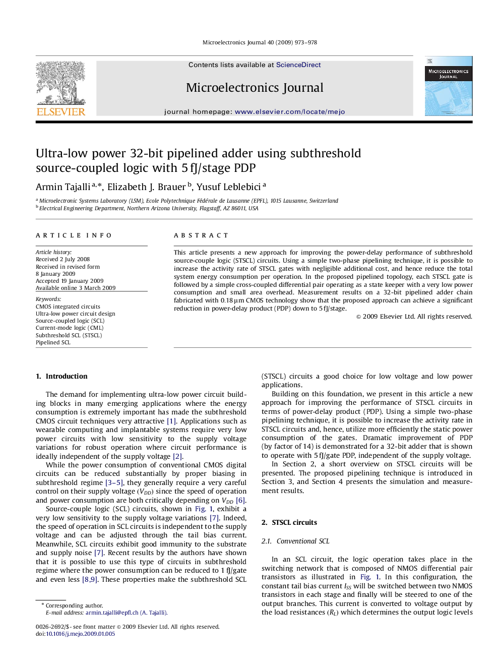 Ultra-low power 32-bit pipelined adder using subthreshold source-coupled logic with 5 fJ/stage PDP